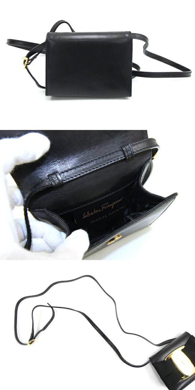 Salvatore Ferragamo Black Crossbody Shoulder Clutch Bag Leather Rion Vara Black